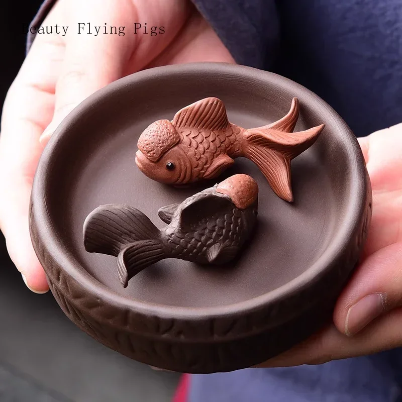 1 set of cute animal ornaments purple clay cow fish tea pet, tea tray coffee table exquisite decoration Kung Fu tea set