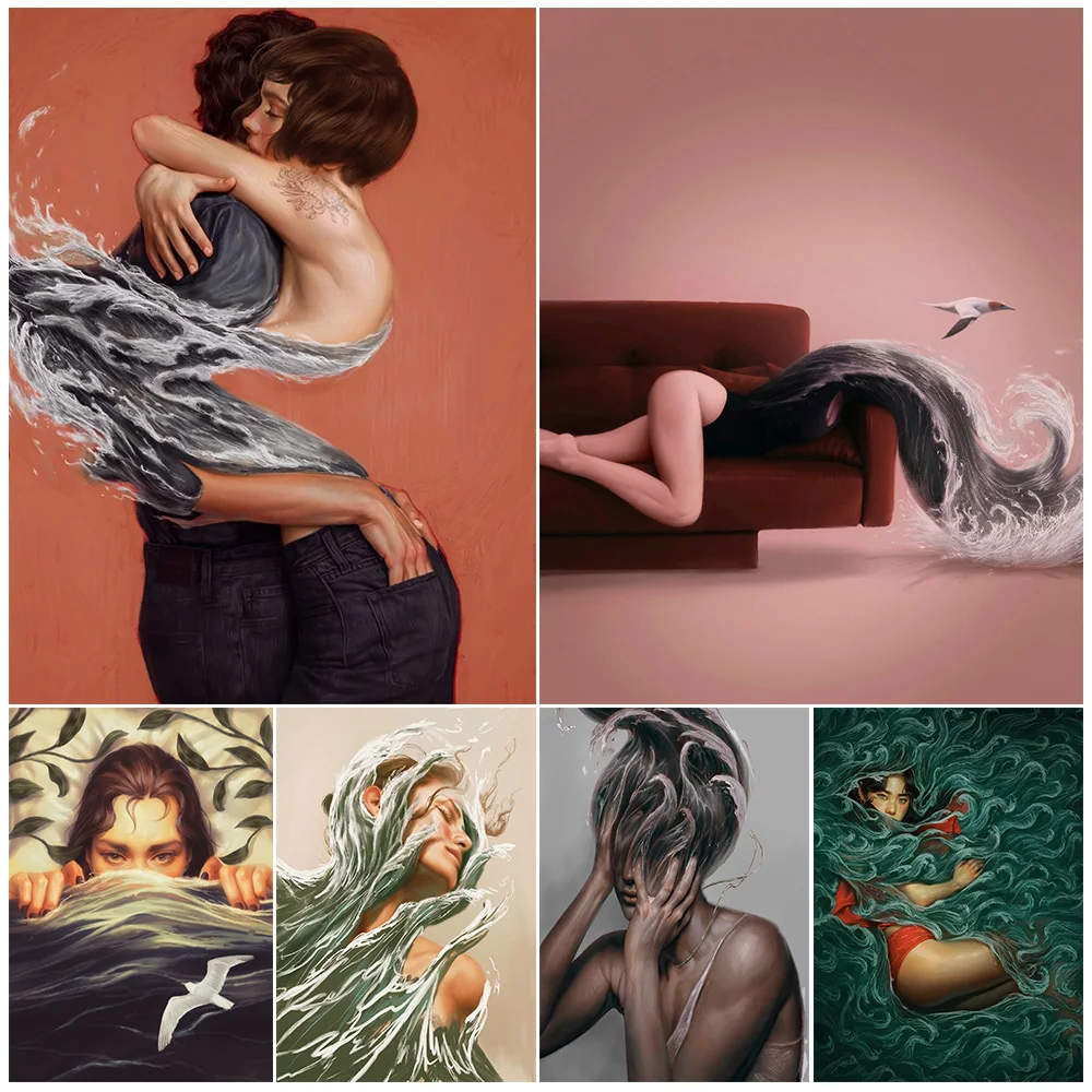

Girl Wave Fantasy,Gothic abstrac Wall Art,Canvas Painting,Dream Of The Sea,Surreal Art,Poster And Print,Home Decoration,Unframed