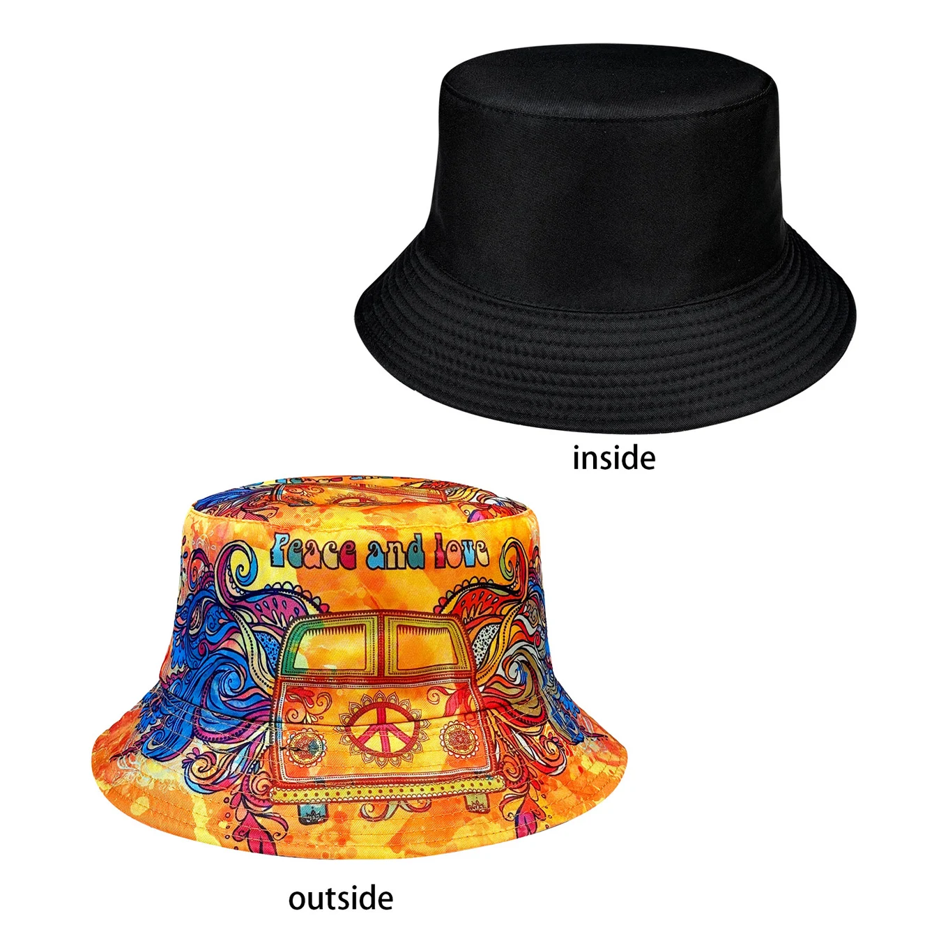Peace and Love, farbenfroher Fischerhut, ein wendbarer Sonnenhut, ein faltbarer, stilvoller Bucket Hat, farbenfroh und trendig, ein Bucket Hat, der für alle Jahreszeiten geeignet ist, perfekt für Freizeitkleidung und Ausflüge an den Strand, Partys und Abenteuer. – Detail 9