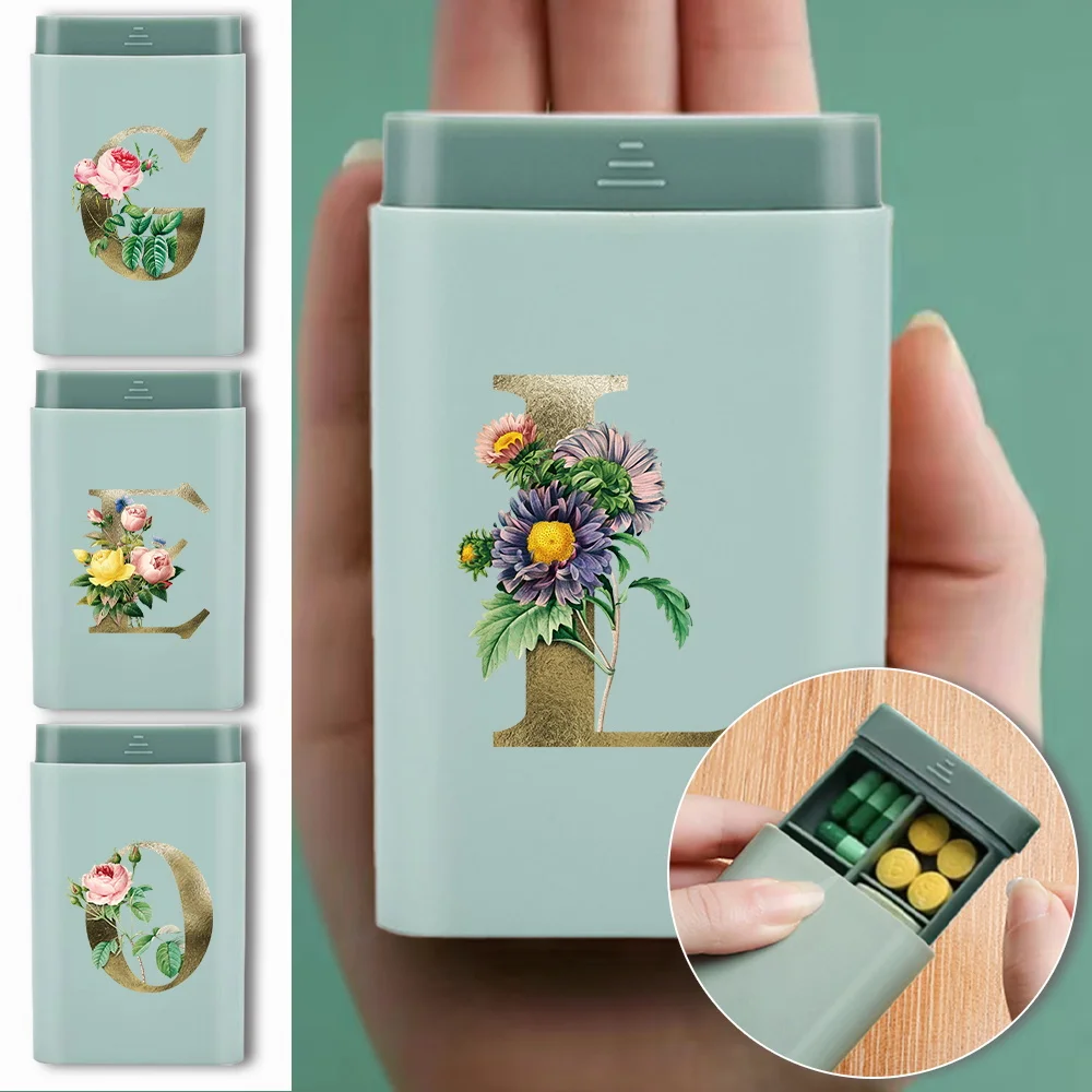 

Travel Pill Case Medicine Organizer Box Portable Dispenser Tablet Holder Compartment Storage Kit Golden Flower Letter Pattern