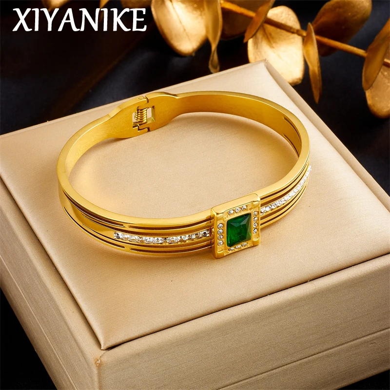 

XIYANIKE 316L Stainless Steel 2023 New Gold Color Square Zircon Green Crystal Bangles For Women Wedding Love couple Jewelry