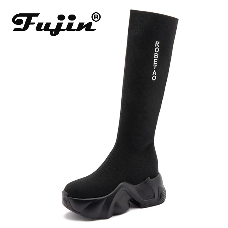 

Fujin 6cm Stretch Fabric Platform Wedge Knitted Booties Autumn Spring Slip on Microfiber Sock Knee High Women Ankle Boots Shoes