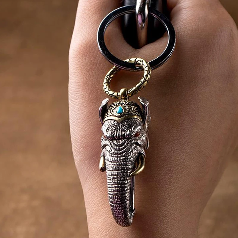 Silver Manual Elephant God of Wealth Pendant Ring Buckle Car Keychain Personality Creativity Vintage Jewelry