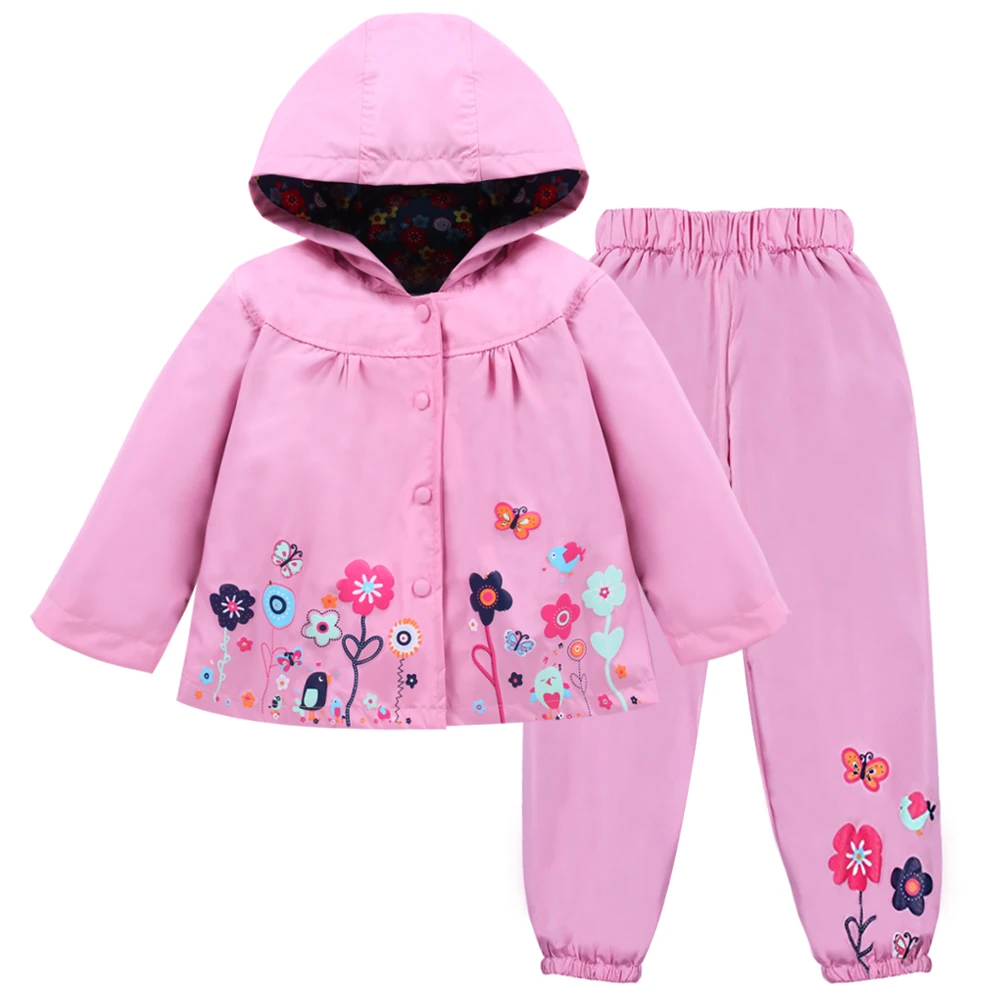 Autumn Spring Children Waterproof Long Sleeve Coat+Pants 2pcs Flower Print Baby Girls Clothes Toddler Boys Children Sets Costume