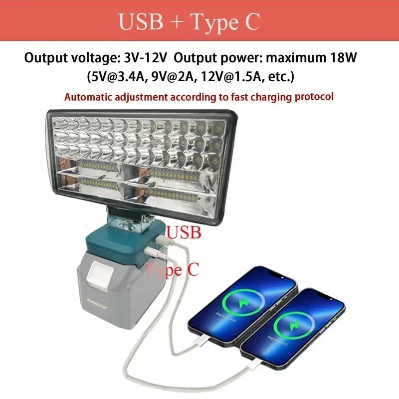 Car LED Working Lights Torch Spotlight Flashlight Lamp Type C USB Power Bank For Makita Lomvum Zhipu Hongsong 18V Li-ion Battery