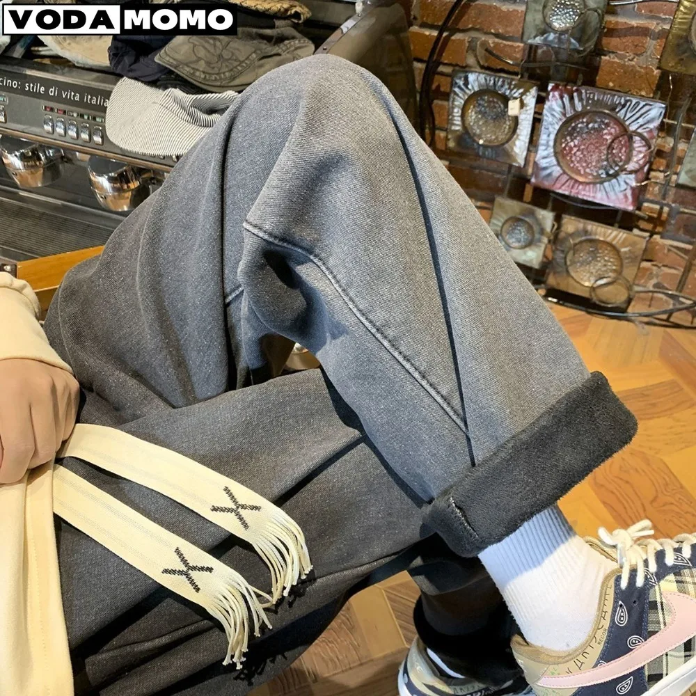 Jeans Moda Uomo Casual Rilassato Gamba Larga Coulisse Pantaloni Da Uomo Street Apparel Coulisse Denim Uomo Autunno Inverno Peluche