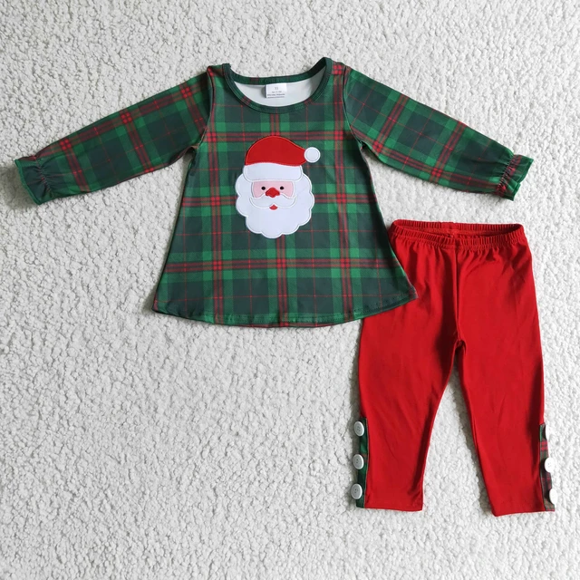 Wholesale christmas girl santa green plaid long sleeve blouse red leggings  outfits - AliExpress