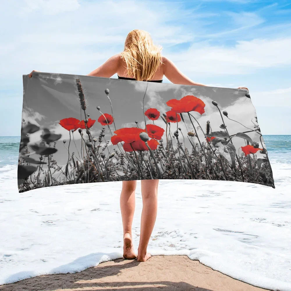 

Red Blue Poppy Flower Beach Towel Soft Romance Absorbent Quick-Dry Bath for Lovers Gifts Travel Camping Sport