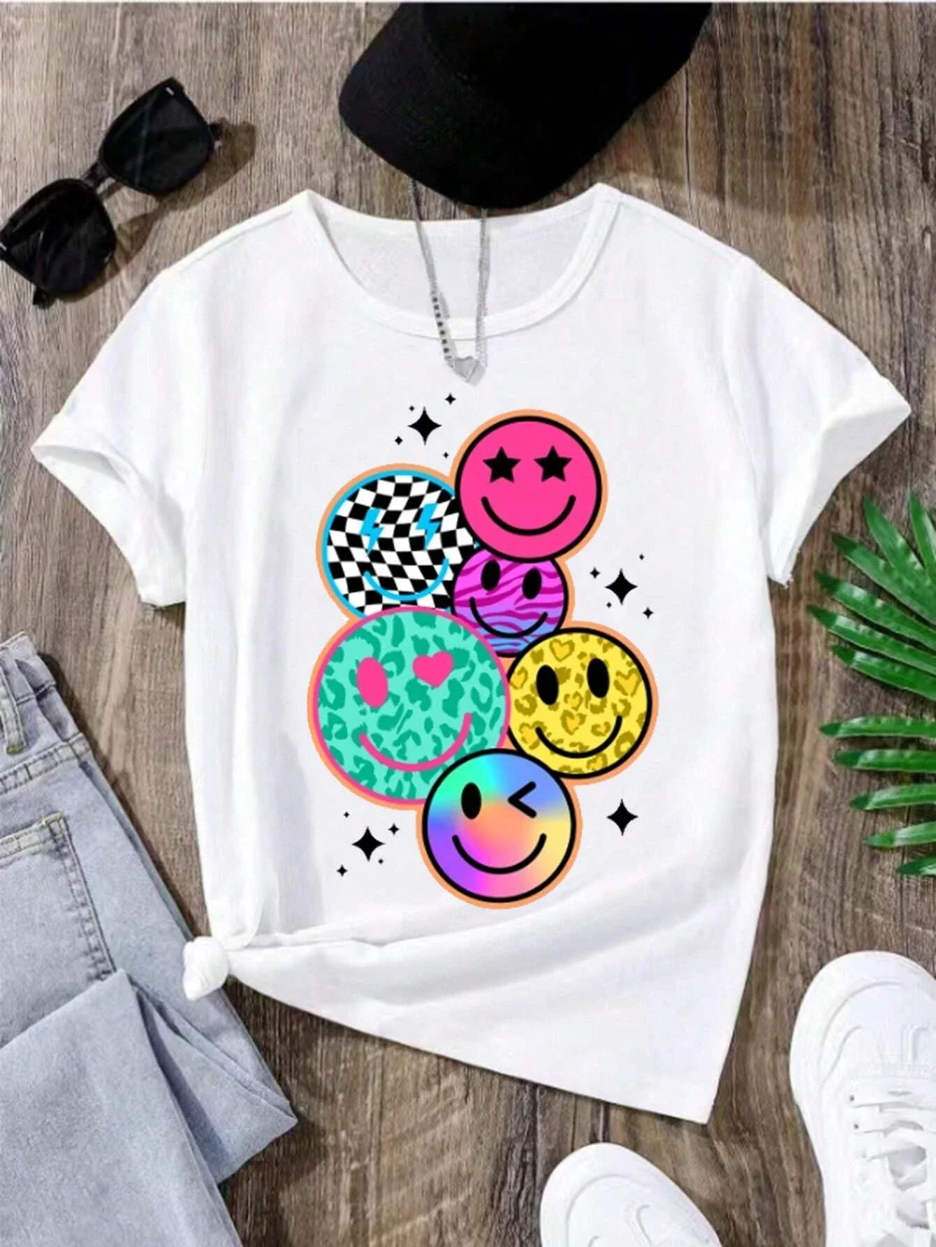 Cartoon Smiley Face Print Short-sleeved Women T-shirt Casual Versatile Style Suitable for  Outings and Daily Wear Women Clothing