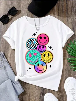 Cartoon Smiley Face Print Short-sleeved Women T-shirt Casual Versatile Style Suitable for  Outings and Daily Wear Women Clothing 1