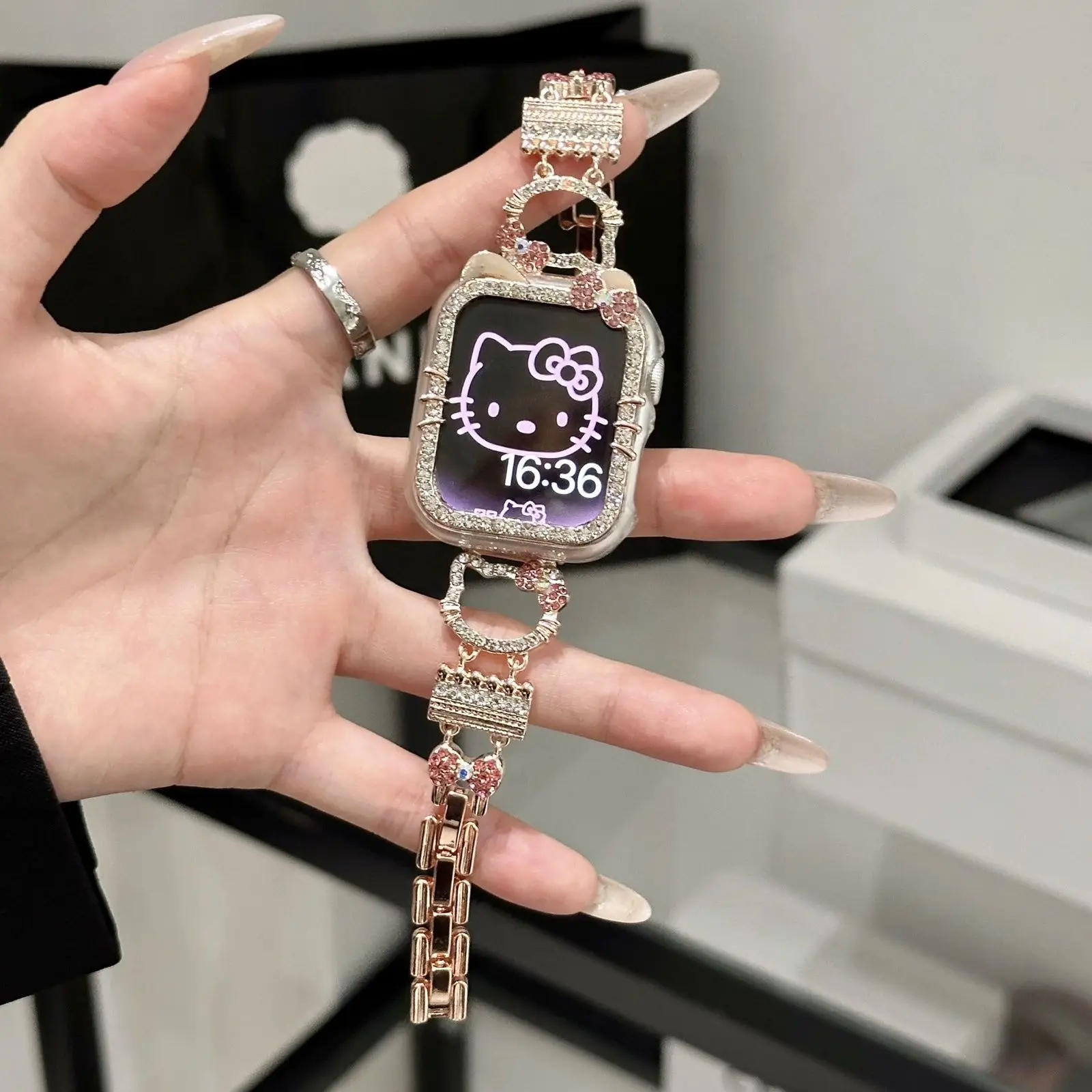 thumbnail image 1 of Kawaii With Drill Hello Kitty 38/40/41mm Watch Strap Cartoon Girl'S Heart Suitable Iwatch 42/44/45/49mm Watch Case Trendy Gift, 1 of 5