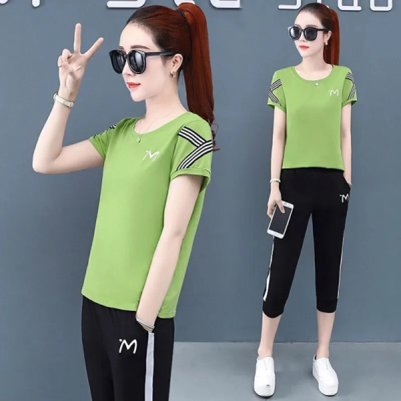 Summer 2022 New Sports Suit Loose Korean Version Short Sleeved Casual Large Size Student Fashion Two Piece Set Women matching top and trousers set Women's Sets