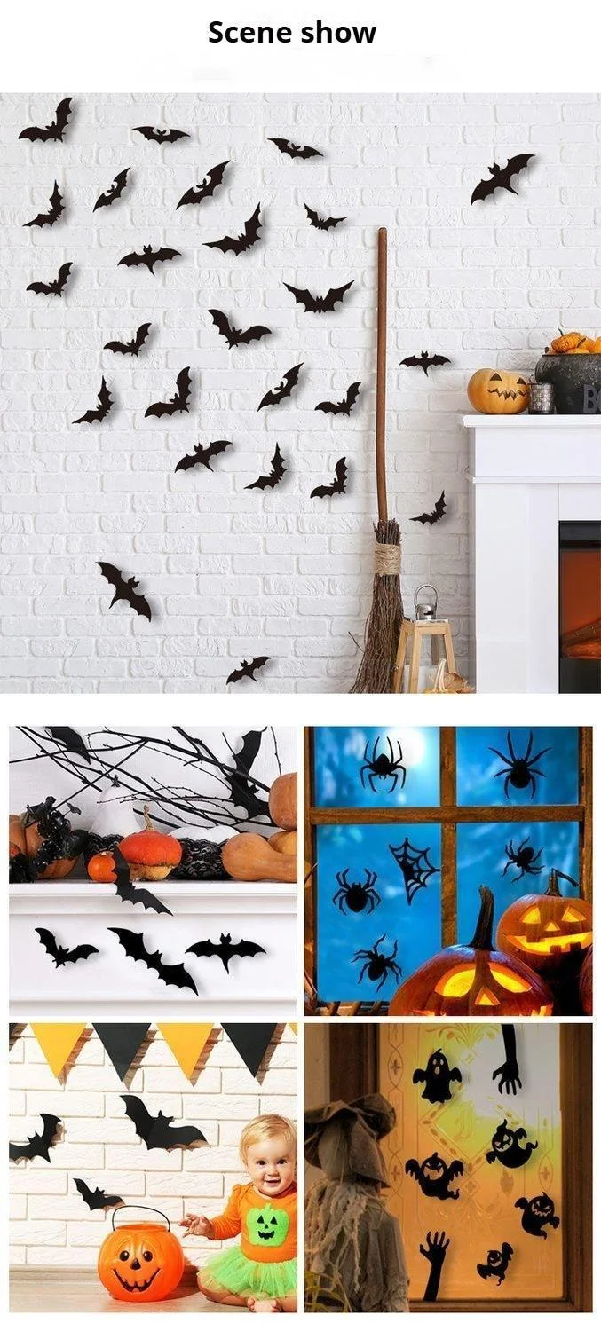 Halloween 3D Kunststofffolie Spinne Fledermaus Geist Wohnzimmer Schrank selbstklebende Dekoration kreative Wandaufkleber_voghion.com