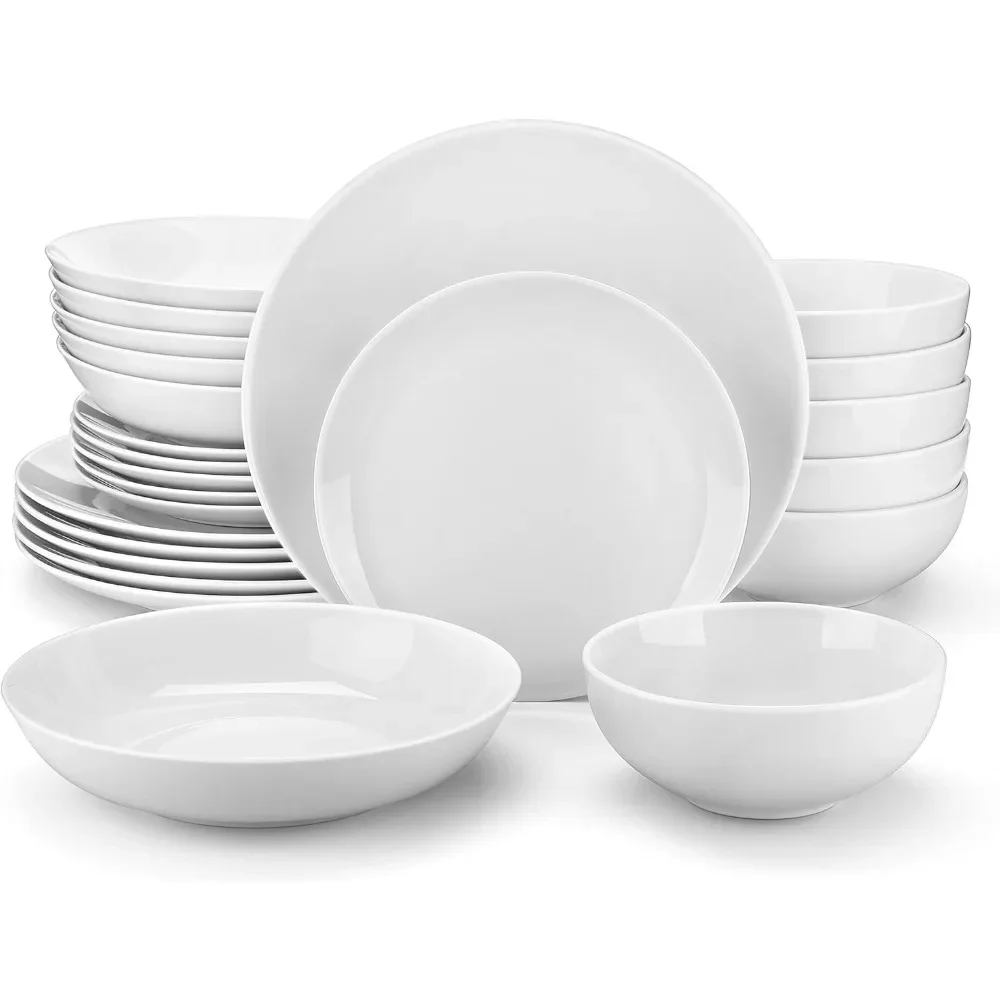 

24-Piece Gourmet Porcelain Dinnerware Sets, Modern White Round Dish Set for 6 - Premium Serving Plates and Bowls Sets