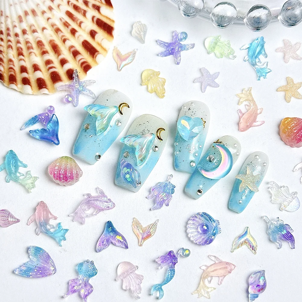 50개 3D 무지개빛 여름 바다 네일 참 장식 믹스 쉘 해파리 불가사리 네일 아트 데코레이션 DIY 비치 매니큐어 액세서리