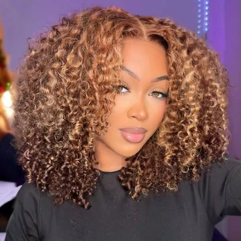 250% Density Highlight Short Curly Bob Wig Deep Wave Bob Lace Wig 13x4 Lace Front Human Hair Wigs Brazilian Virgin Human Hair