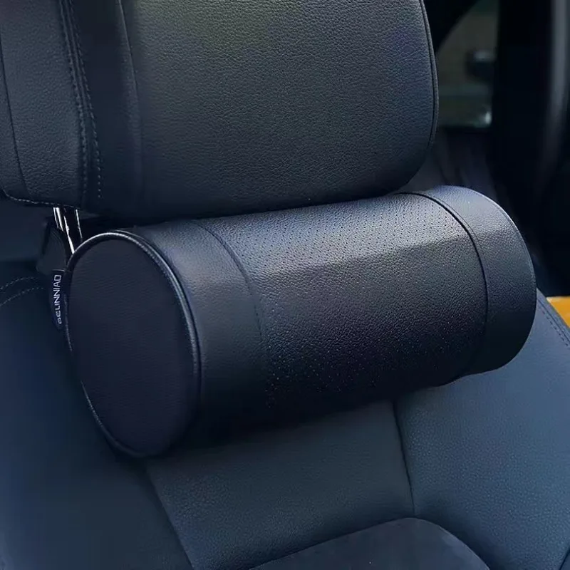 Memory Foam Car Neck Pillow/Genuine Leather Auto Cervical Round Roll Office Chair Bolster Headrest Supports Cushion Pad Black