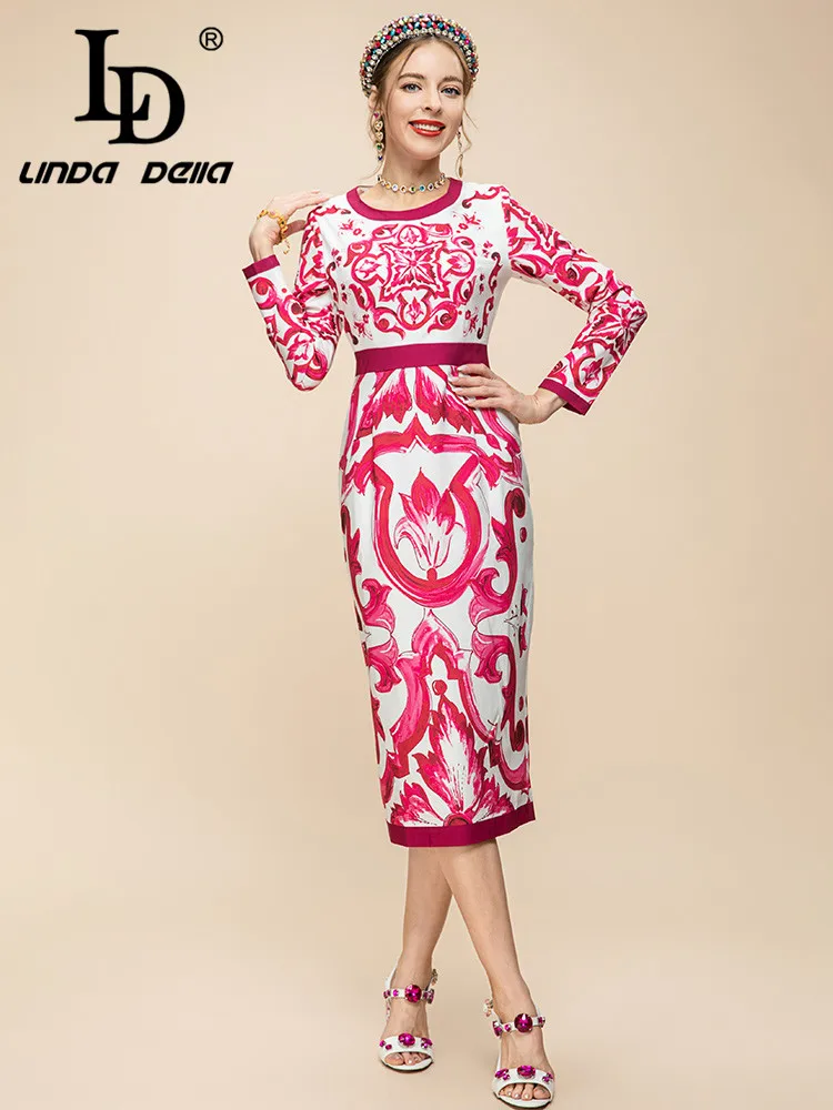 

Женское винтажное платье LD LINDA DELLA, облегающее платье с круглым вырезом и высокой талией, цвет красного вина, 2019