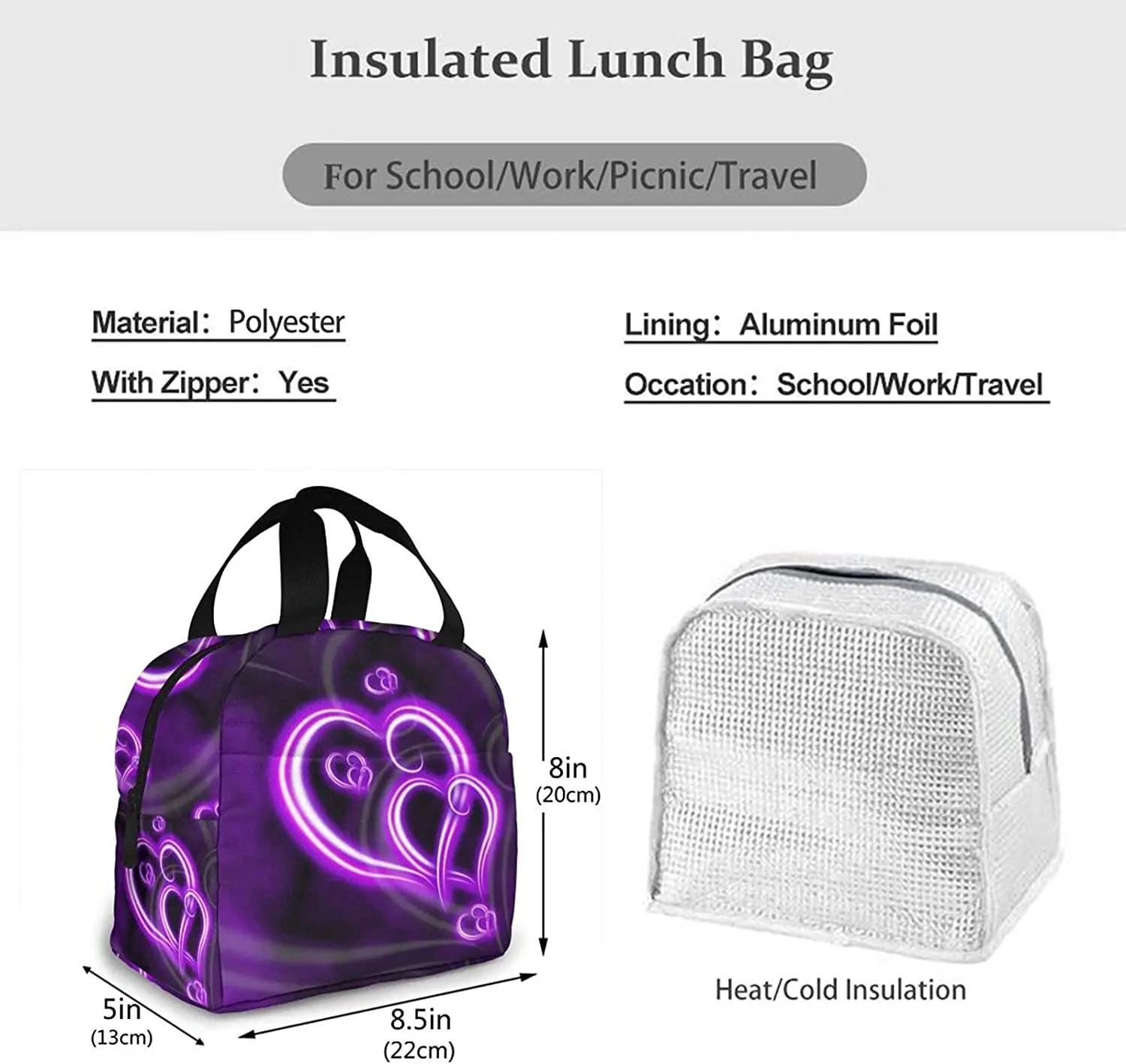 Purple Love Heart Lunch Box Bag for Women Girls Insulated Small Lunch Bag Adult Cooler Bento Backpack Reusable Tote Lunch Box