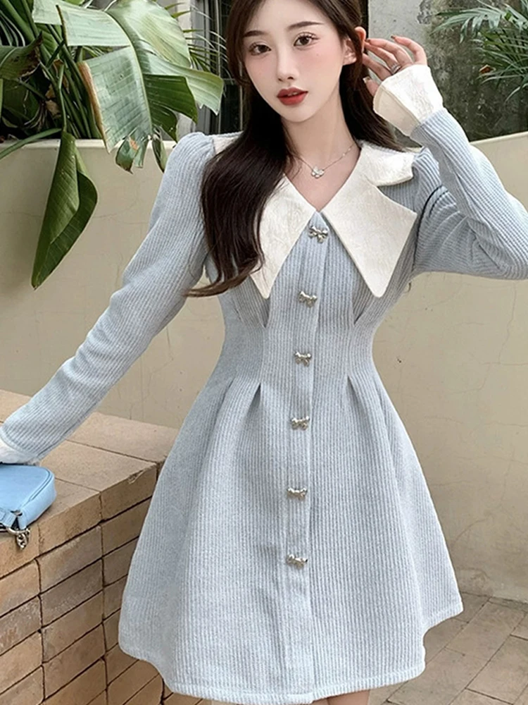 

New Autumn Winter Korean Chic Peter Pan Collar Single-Breasted Sweet Dresses Women Vintage Long Sleeve Party Dress Mini Vestidos