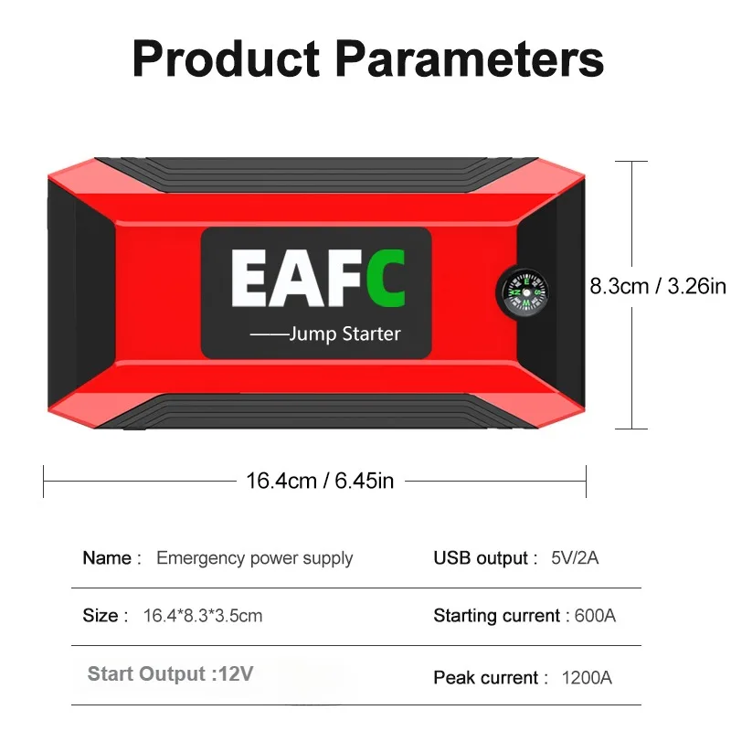 EAFC 12V Portable Car Jump Starter 1200A/600A Auto Battery Booster Charger Car Emergency Booster Power Bank Starting Device