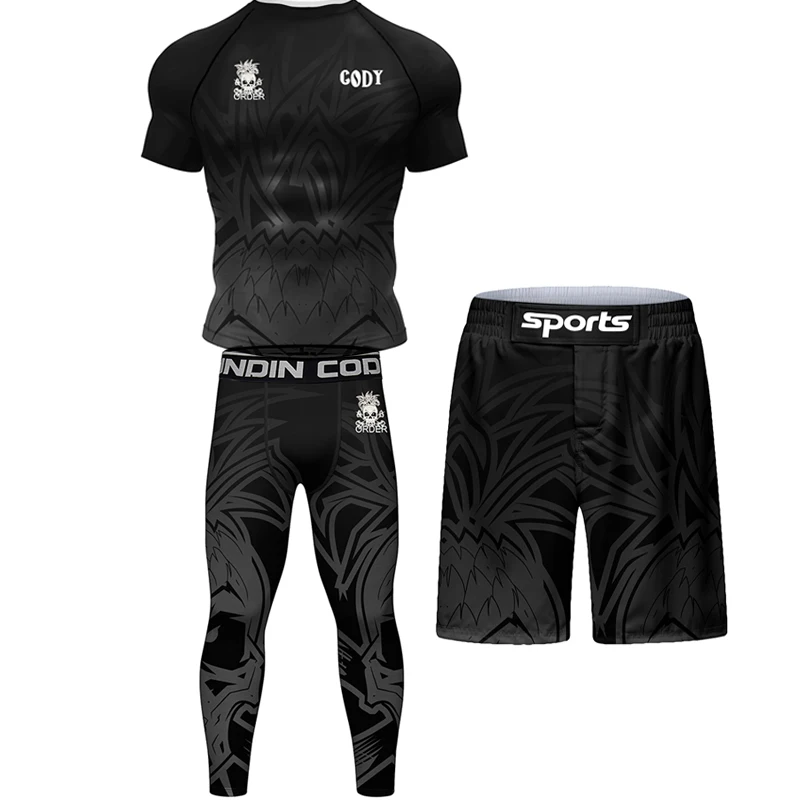 Skull Jiu jitsu Rush Guard MMA Compression T-Shirt Leggings Sets Bjj Gi Boxing Rashguard Men's Grappling Kickboxing Jerseys