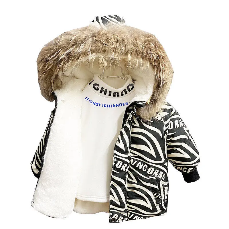 

Winter Girls Boys Warmth Fleece Zebra Striped Detachable Fur Long Snow Jackets Baby Therme Coat Kids Parka Child Outfits 1-9 Yrs