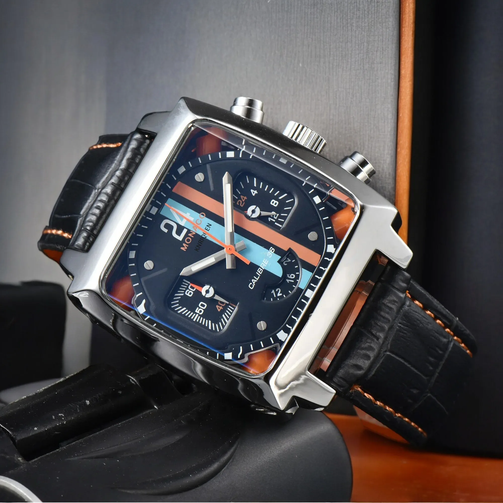 

Лидер продаж, Роскошные мужские часы в стиле Монако, квадратный ремешок, кожаный ремешок, крутые наручные часы, модные мужские часы AAA