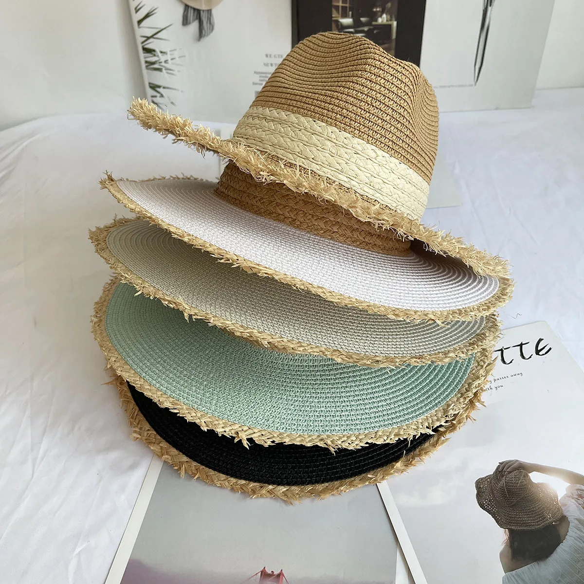 Fringed Brim Panama Hat Wide Brim Sun Hats for Women Straw Fedoras Beach Hat Wide Brim Roll up Straw Hat Kentucky Derby Sun Hat 2