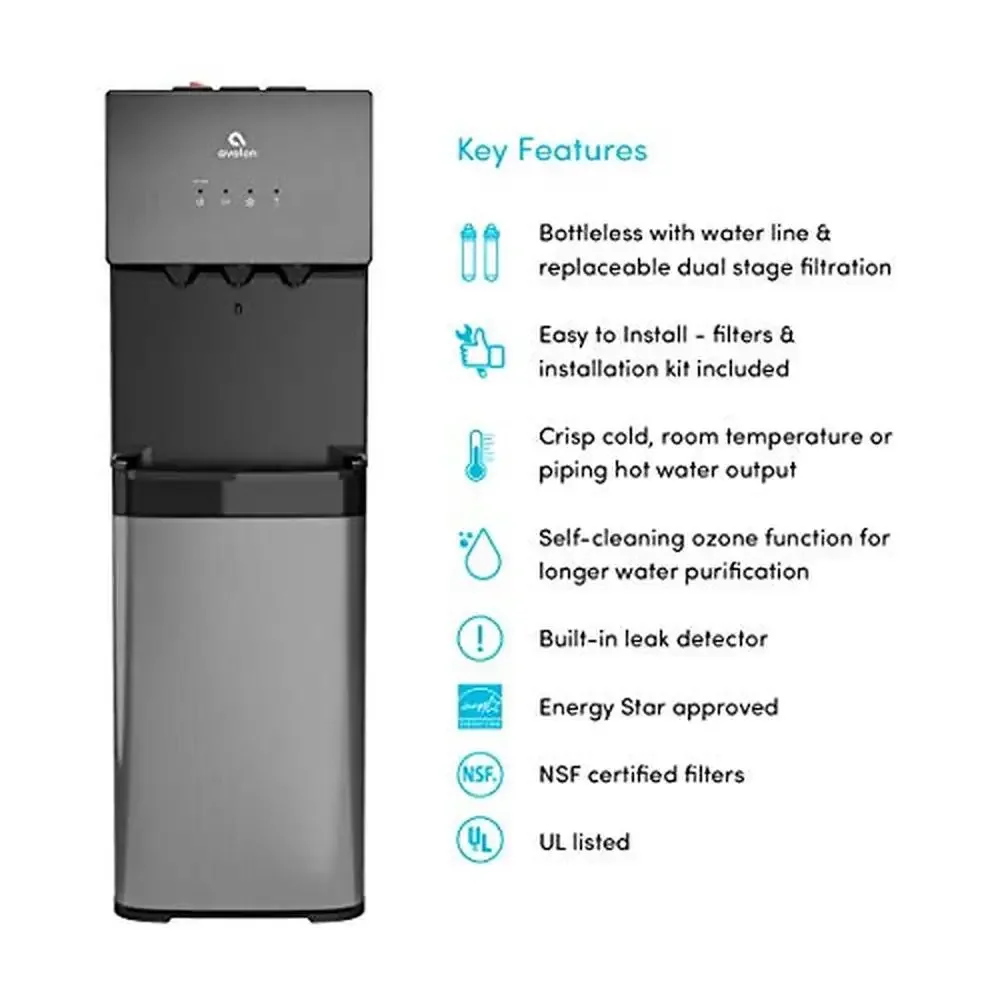 Bottleless Water Cooler Dispenser NSF Certified Filters Self Cleaning Black Stainless Steel Three Temperatures Dual Filtration 2