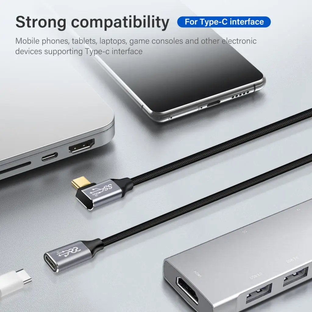 Ultra-High-Speed 100W USB-C Extension Cable with 90-Degree Elbow Design