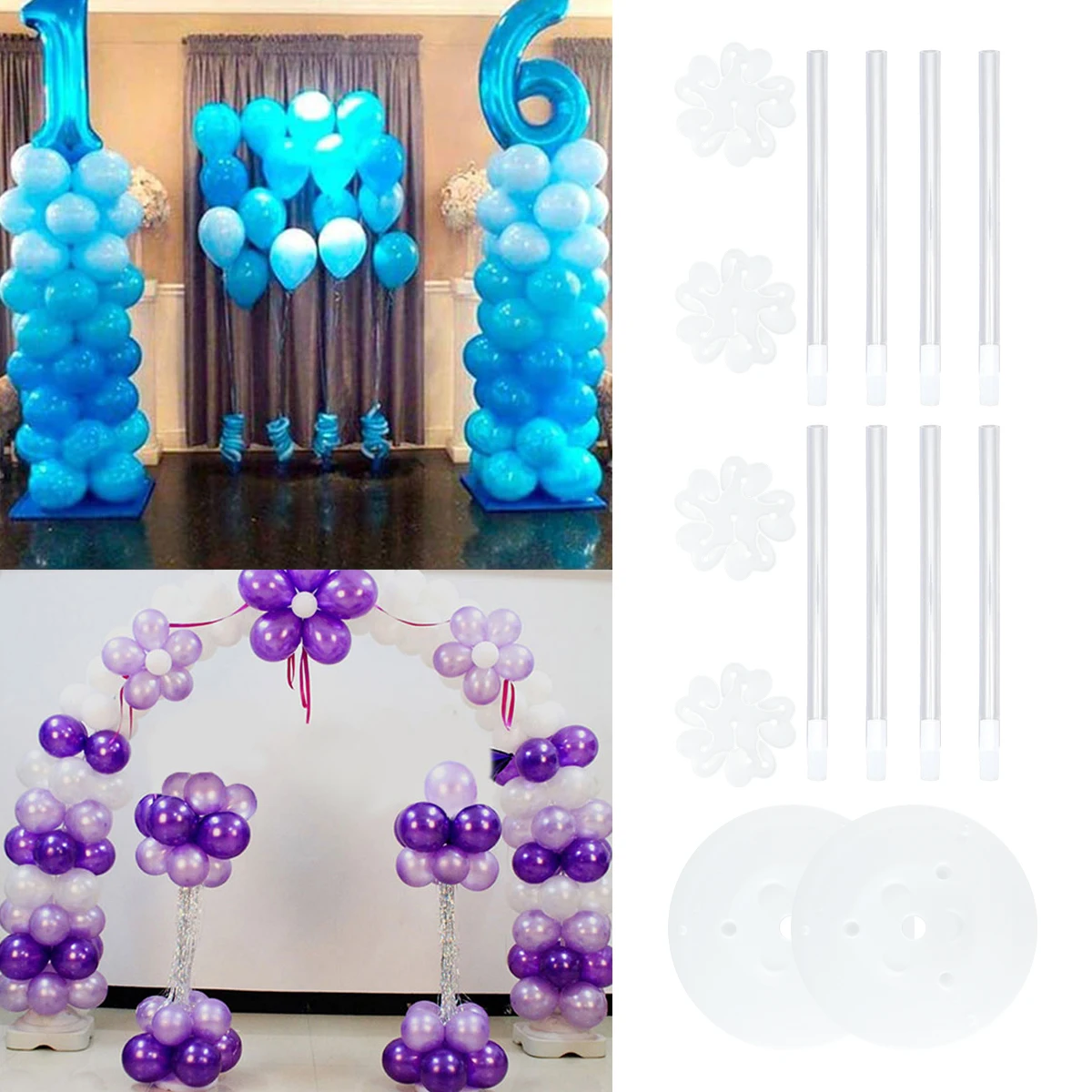 2Sets Balloon Column Stand Kits 8.4ft Height Balloon Arch Stand Kit with 2Base Stand 8Pole 4Flower Clip Balloon Tower Decoration