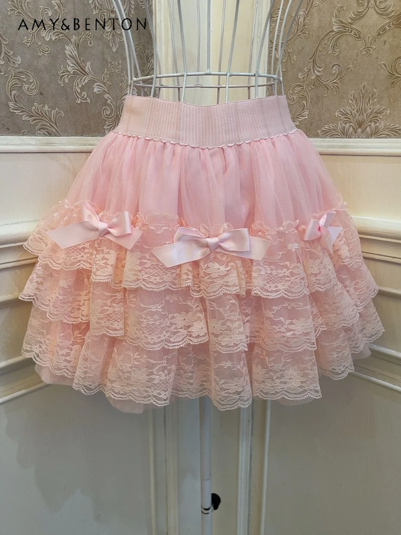 Lolita Princess Bowknot Ball Gown Skirt Spring Summer New Sweet Cute High Waist Slim Lace Mini Skirt Hot Girl Sexy Y2K Skirt