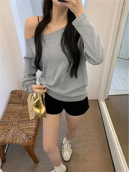 Y2K K-fashion Japanese T Shirt Woman Clothing Off-Shoulder Long Sleeves Tee Shirt Sexy Loose Tshirt Women Vintage Ladies Tops 1