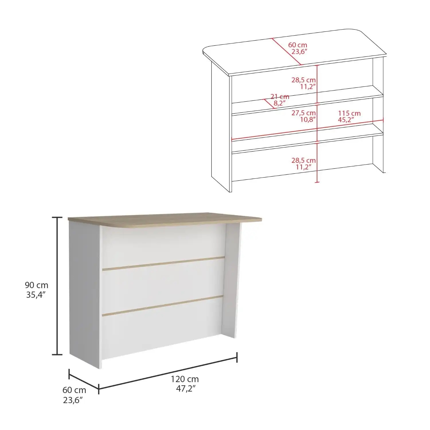 Fendi Kitchen Island with Ample Workstation and 2-Tier Shelf White / Light Pine