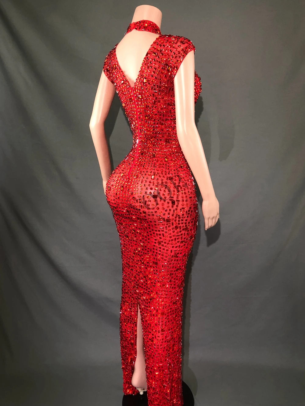 Sparkly Red Rhinestone Sleeveless Stretch Long Dress Women Sexy Mesh Celebrate Evening Prom Birthday Dress Photo Shoot Show Wear 