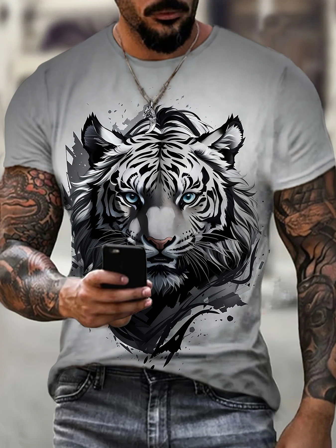 thumbnail image 1 of Camiseta con estampado gráfico de tigre colorido para hombre de talla grande para verano, camisetas casuales de manga corta a la moda para hombres grandes y altos, 1 of 5