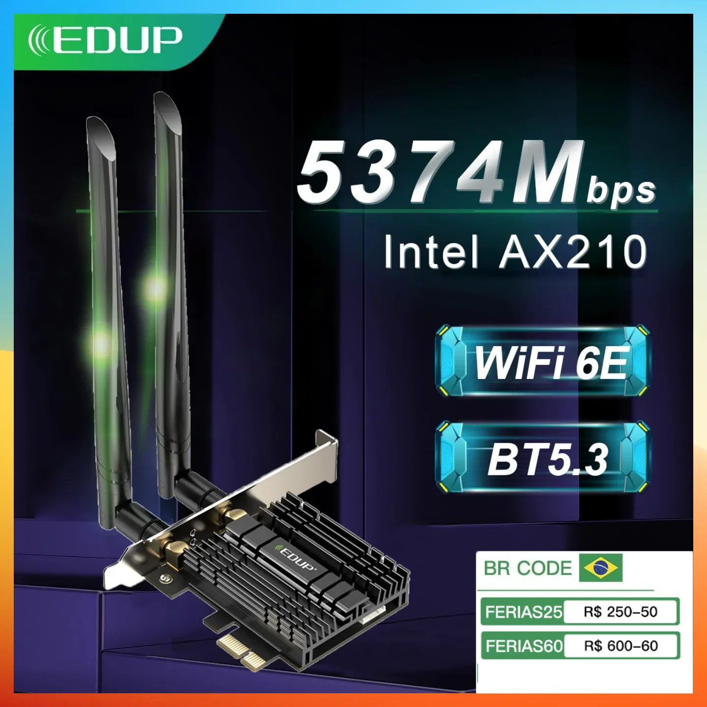 Фото EDUP WiFi6E Intel AX210 PCIE WiFi Adapter 5374Mbps Bluetooth5.3 WiFi сетевая карта 2.4G/5G/6GHz PCI Express 802.11AX с MU-MIMO №1