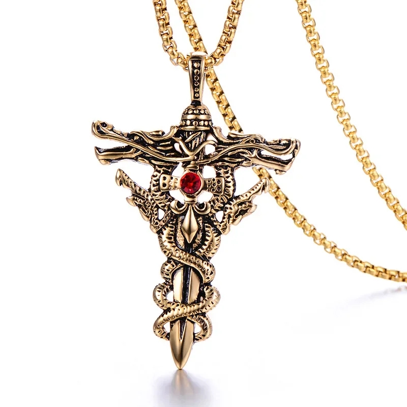 

CHUANGCHENG Vintage Stainless Steel Cross Necklace Gold Jewelry Men's Pendant Chain