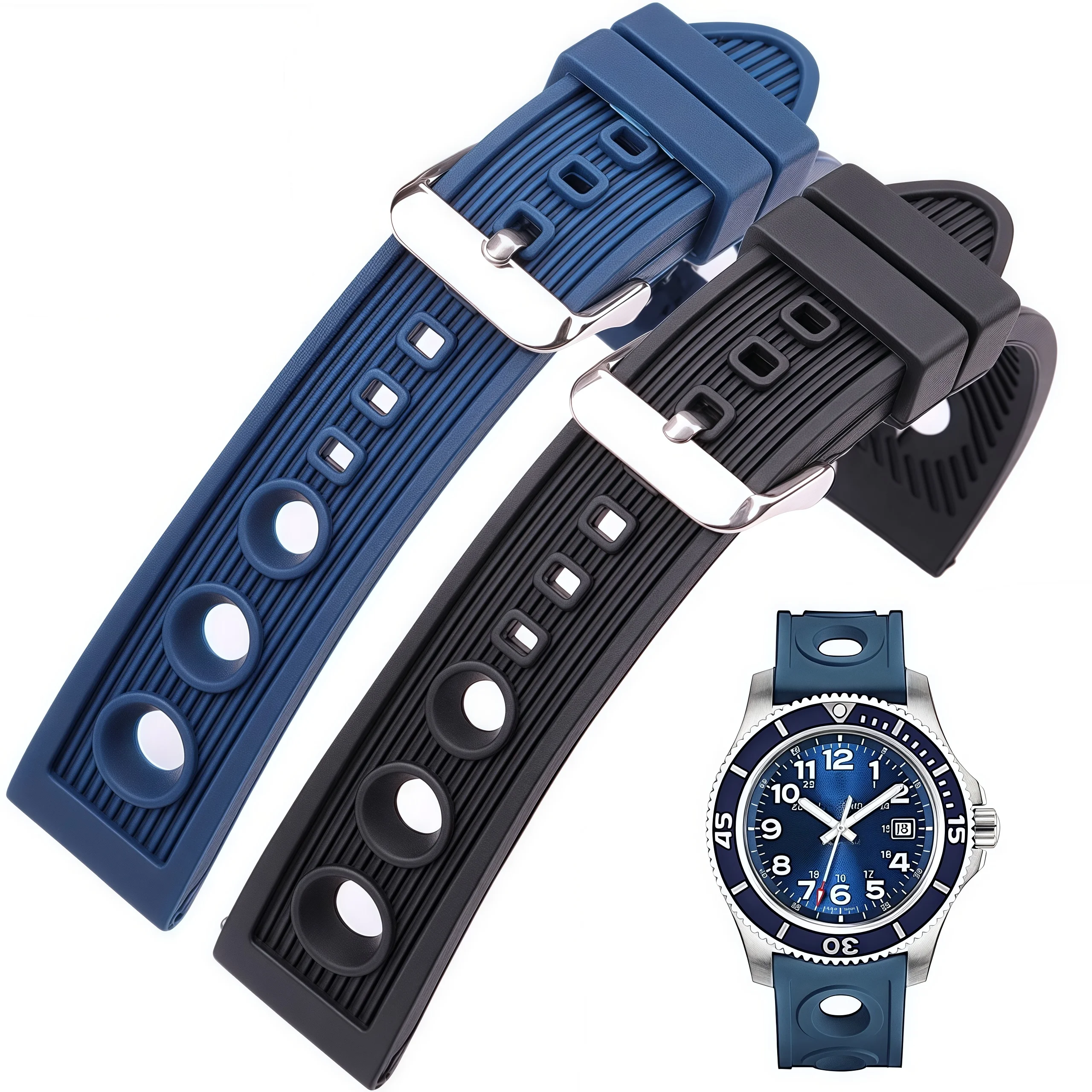 Waterproof Black and Blue Rubber Watch Strap - Soft and Durable