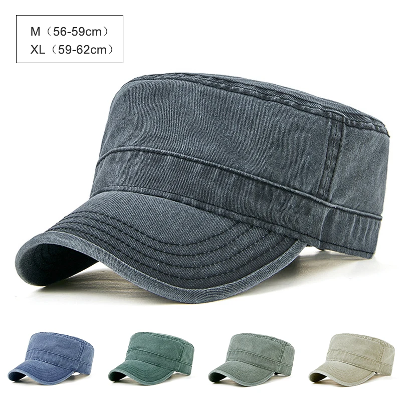 

56-62cm Retro Military Hat Men Women Solid Flat Top Army Cap Washed Cotton Dailywear Visor Big Size Outdoor Sun Cap Adjustable