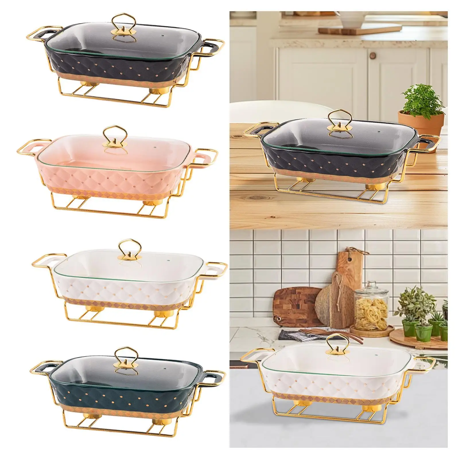 Chafing Dish Clear Lid with Stand Food Plate Buffet Server Ceramic Food Warmer Casserole Tray for Holidays Entertaining Parties