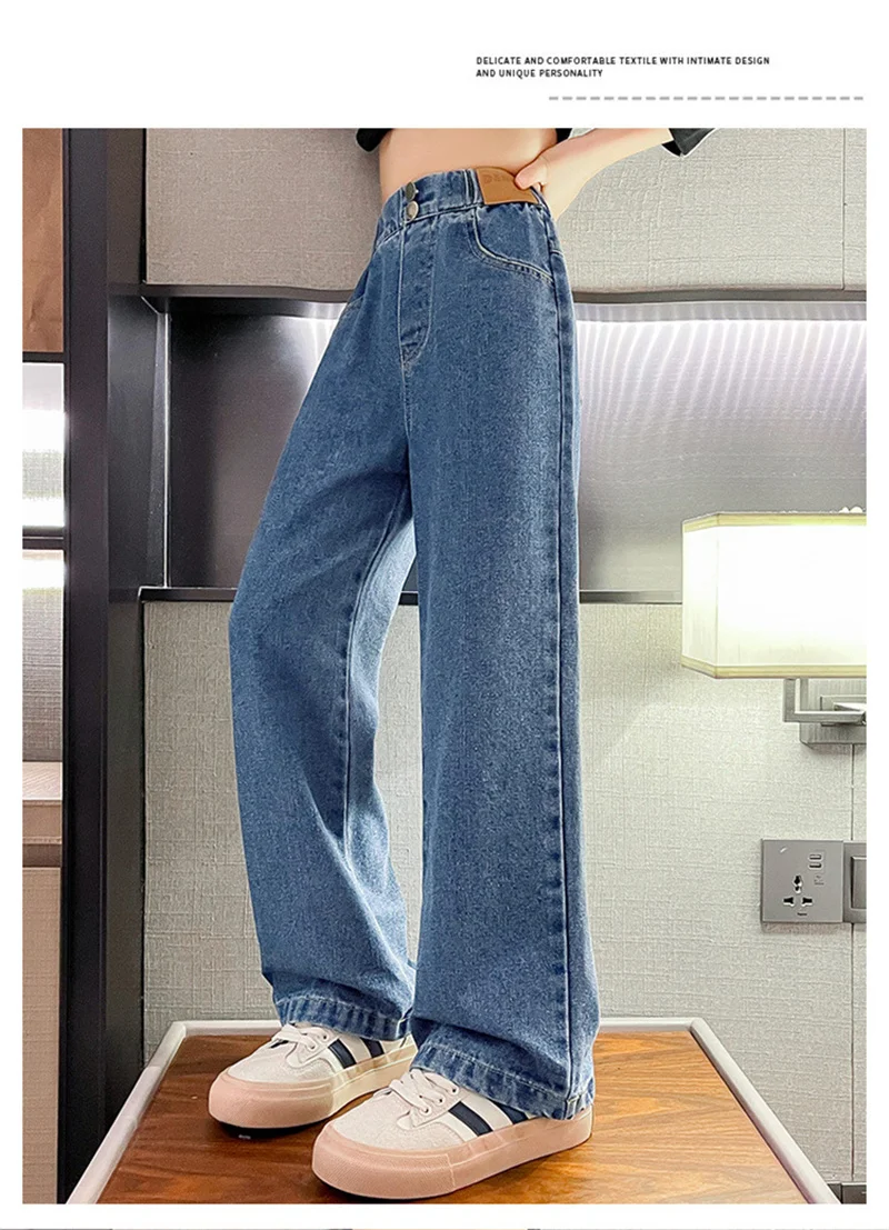 جينز فضفاض غير رسمي للفتيات ، بنطال طويل مستقيم للمدرسة ، ساق واسعة ، للأطفال من سن 5 إلى 14 سنة ، الخريف