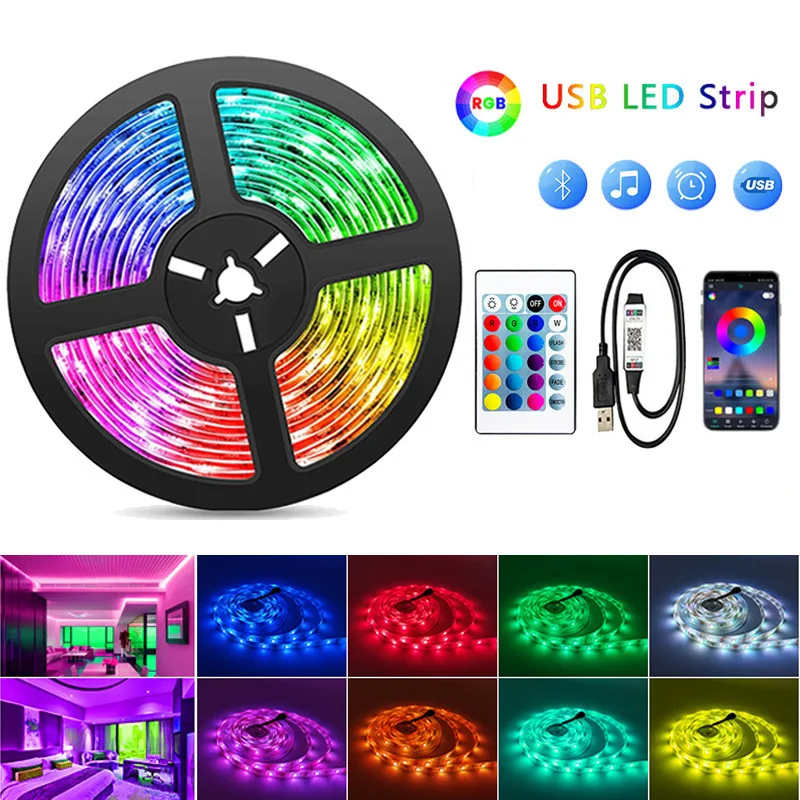 

USB LED Strip Lights 5050 RGB Bluetooth APP Control Color Changing Lights with 24 Keys Remote Mode for Room Decoration