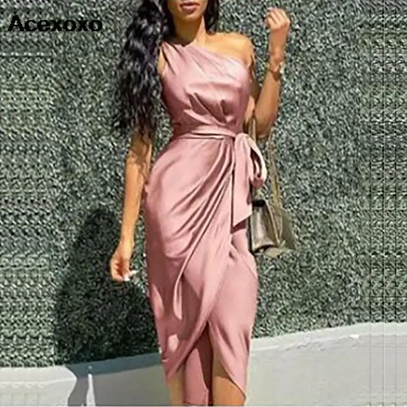 

Europe and the United States 2023 color butyl oblique shoulder dress women's high irregular waist thin dress