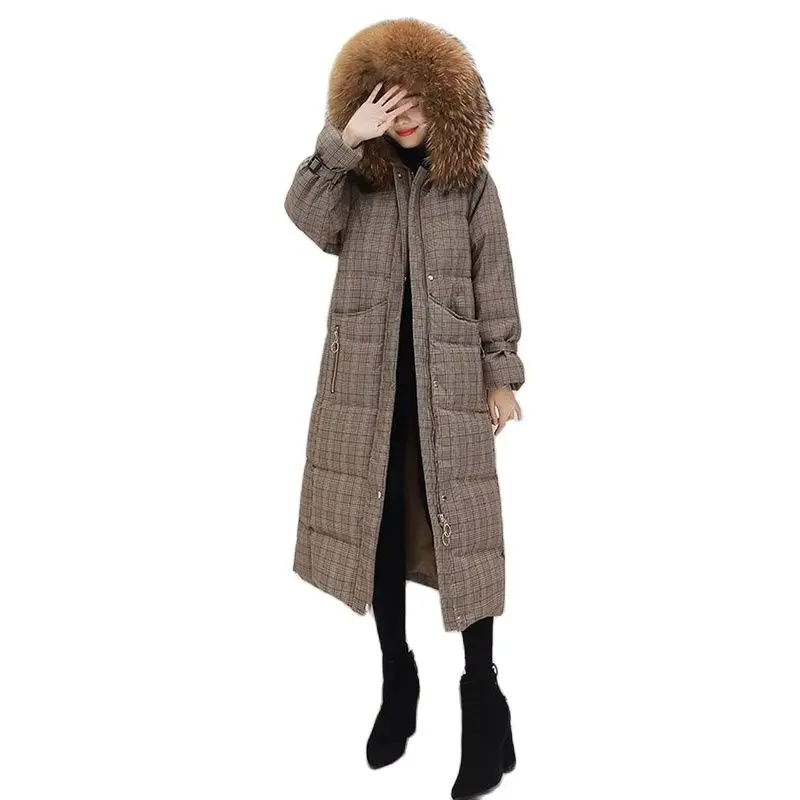 

Winter 2023 New Explosions Loose Warm Fashion Fur Collar In Long Parker Knee-length Plaid Down Cotton-padded Coat Female