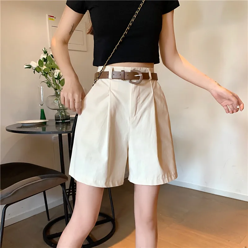 keiki kona shorts Suit Shorts Female with Belt Summer 2021 New Korean High Waist Slim Loose Straight Wide Leg Pants Women Casual Five Point Pants high waisted denim shorts