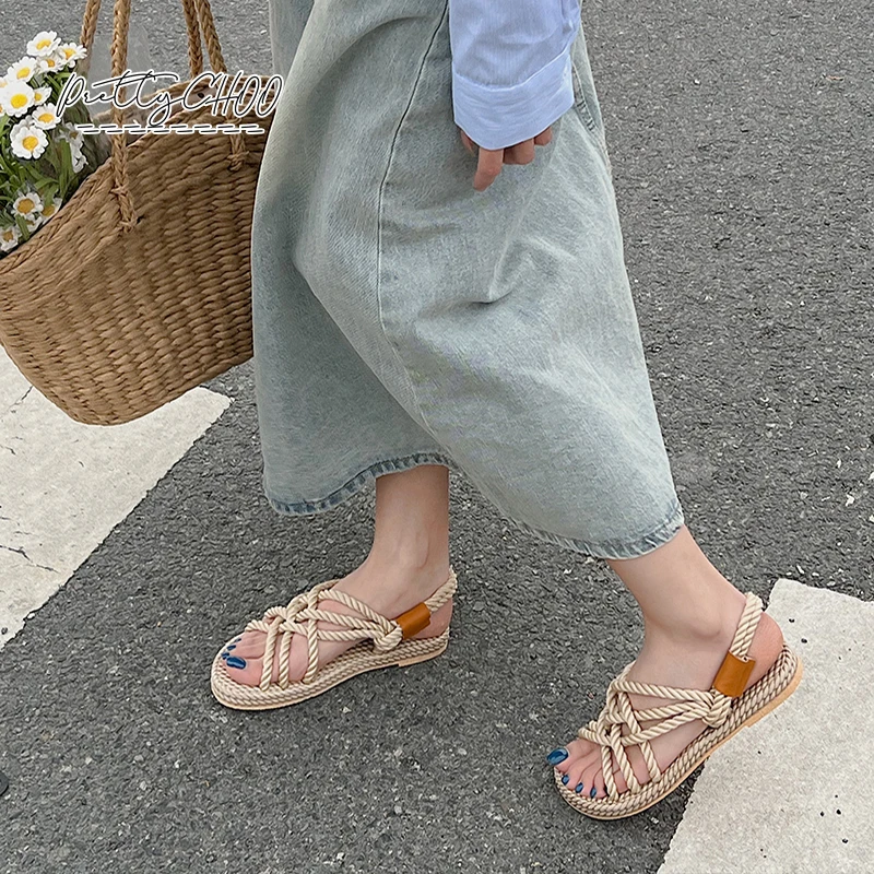 Rainbow Color Rope Sandals Woman Retro Weaved Fishman Sandalias Ladies Sea Blue Beach Slippers Handmade Bohemian Straw Shoes