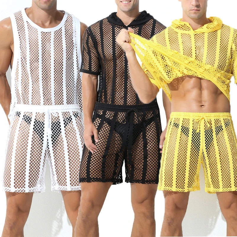 Men Underwear Compression T Shirt Mesh Undershirts Long Boxer Shorts Hooded T-shirts Trunks Shorts Sleeve Fishnet Hoodies Tank Tops Loungewear Tracksuits
