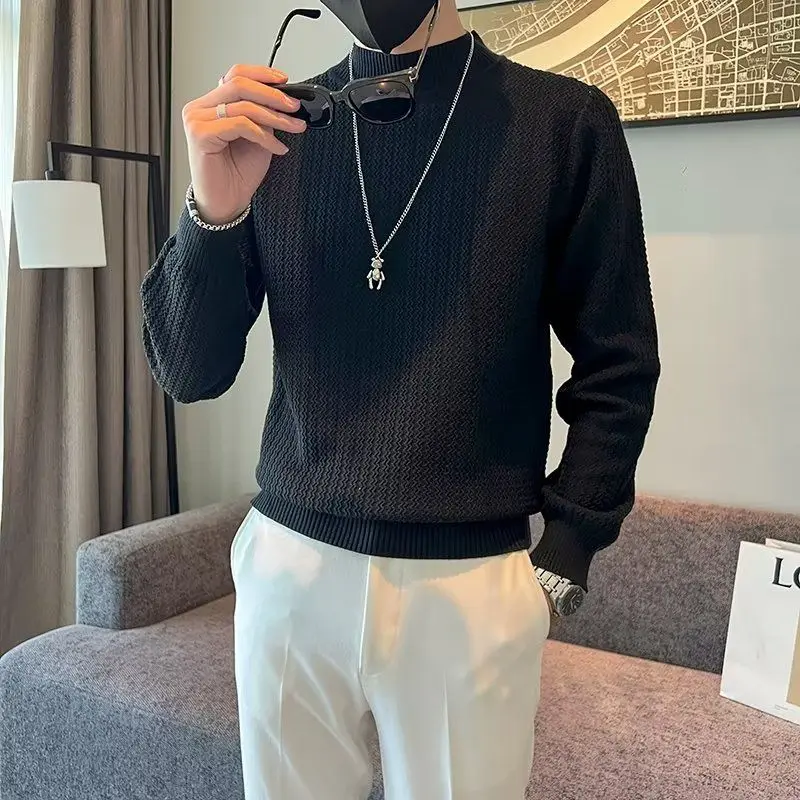 Autumn Winter Solid Knitwear Long Sleeve Sweaters Fashion Harajuku Tops Casual All Match Undershirt Thick Pullover Male Clothes